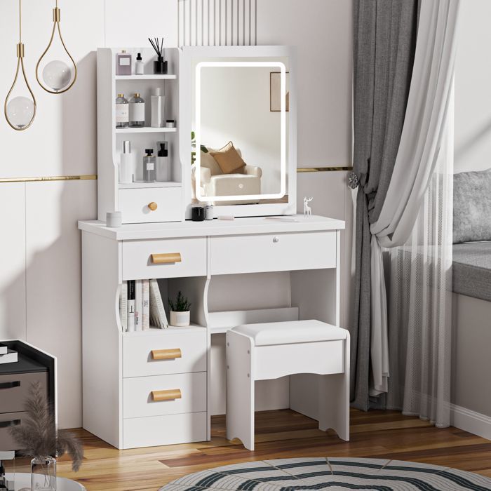 Moderner Schminktisch – CREMLANK – Verstellbare LED-Beleuchtung – mit Hocker – 5 Schubladen – 4 Ablagen, schlicht – WEISS – 80 x 36 x 132 cm