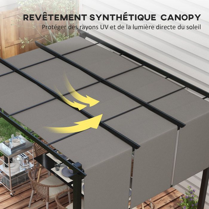 Pergola - Outsunny - 3 toiles coulissantes - structure acier noir toile polyester haute densité - 3,5 x 3 x 2,35 m gris foncé