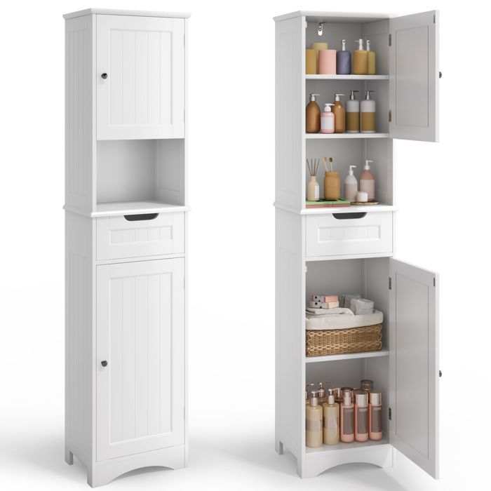 Bealife Meuble Colonne de Salle de Bain avec 1 Tiroir, 1 Étagère Ouvertes, 1 Étagère Réglable et 2 Portes, Hauteur 170cm, Blanc