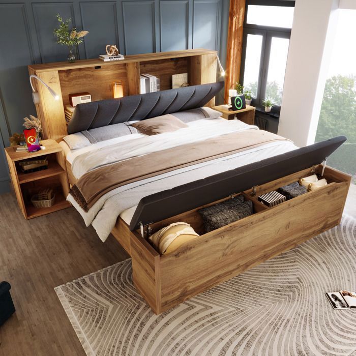 Doppelbett 180x200 cm – Eiche – Klappbares Kopfteil – 2 Nachttische + Bank – USB-Lampen