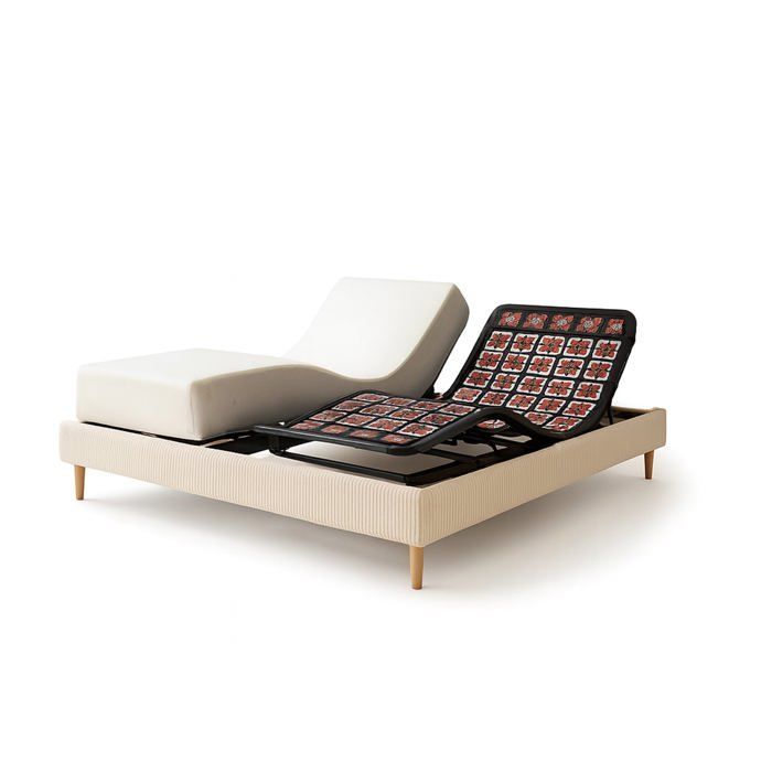 Juego de cama eléctrica beige de 200x200, base de láminas ajustables con ribete de pana + colchón