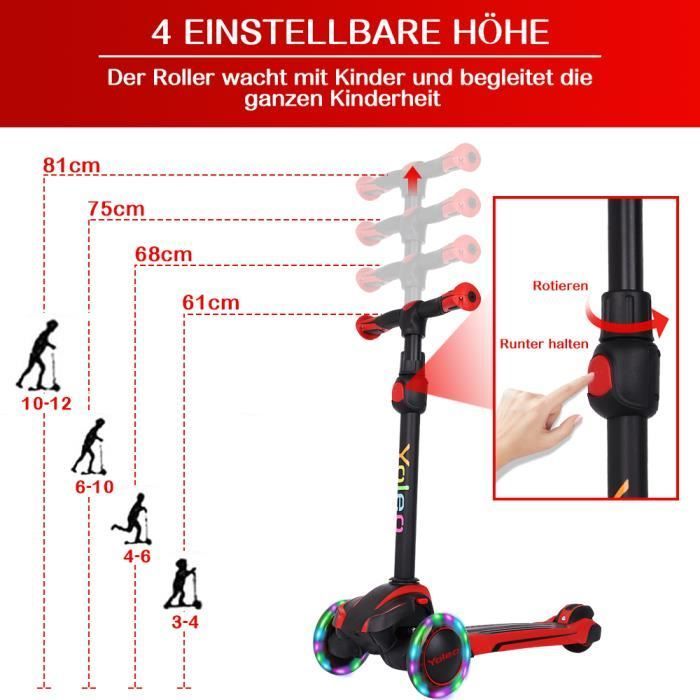 YOLEO Dreirad-Klapproller für Kinder, 4-fach höhenverstellbar, Weihnachts-/Geburtstagsgeschenk, Schwarz
