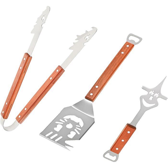 Accessoire Kit Barbecue 3 Pièces en Acier Inoxydable et Manche en Bois – Ustensiles Barbecue Professionnels avec Spatule INOX,Pince