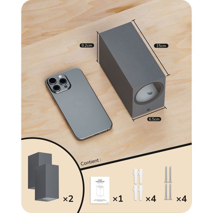 EDISHINE 2 PCS Applique Murale Extérieure Intérieure IP44, Douille GU10, Ampoule non Incluse, Gris Foncé, Éclairage d'Extérieur