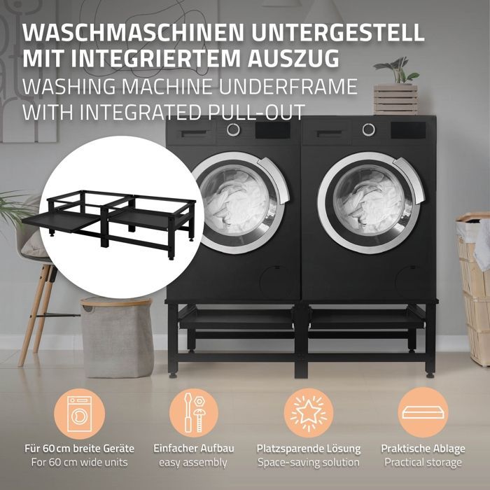Lot de 2 supports de machine à laver avec plateau extensible Noir acier ML-Design