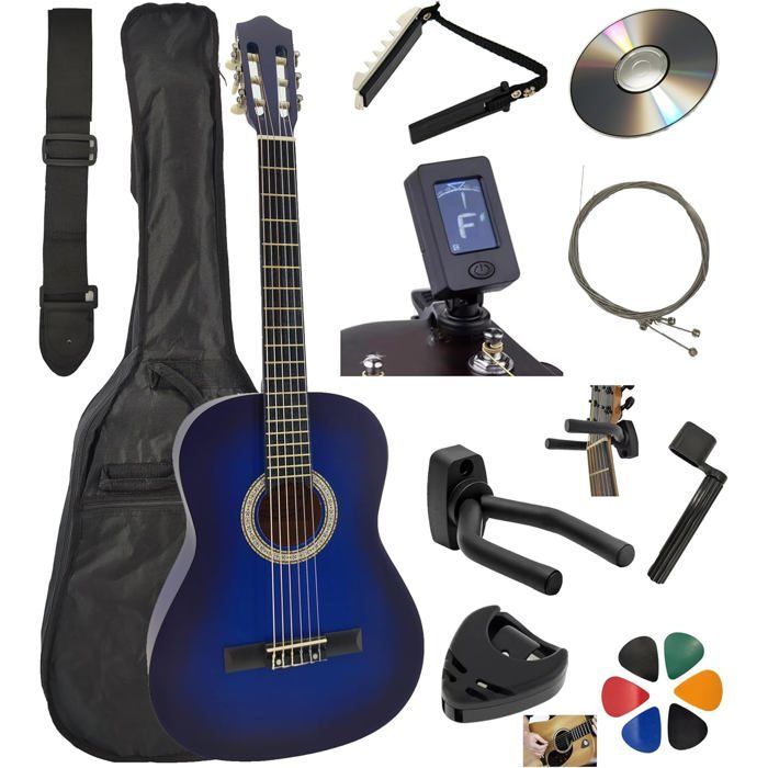 AMROVA Classical Guitar Pack 3/4 (Child 8-12 years) + 10 Accessories (Case, Tuner) + Video & CD Lessons (Blue, 3/4, Right-handed)