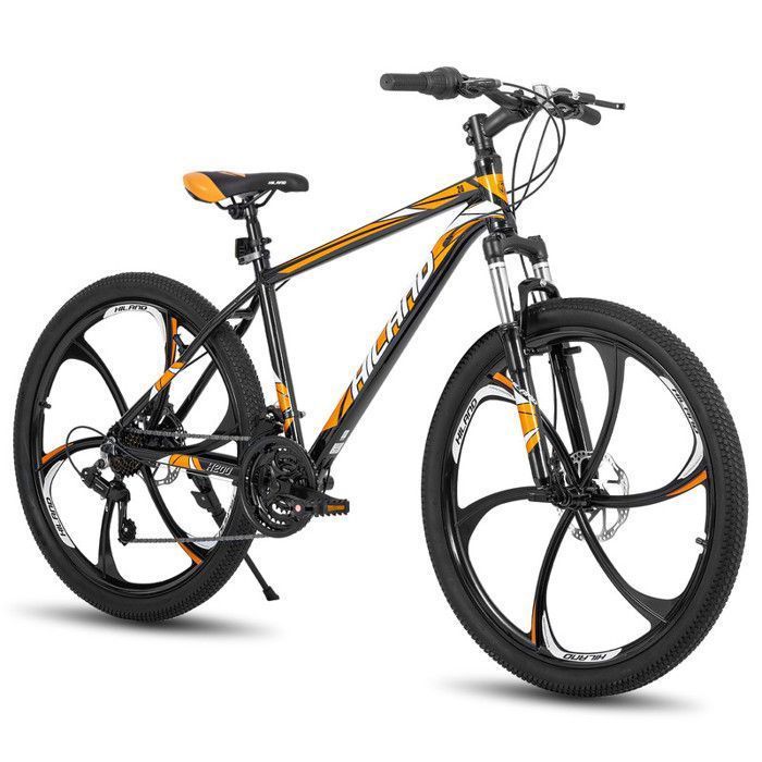 Vélo VTT - HILAND - Cadre aluminium 26 pouces - Shimano 21 vitesses - Freins à disque et suspension avant - Orange