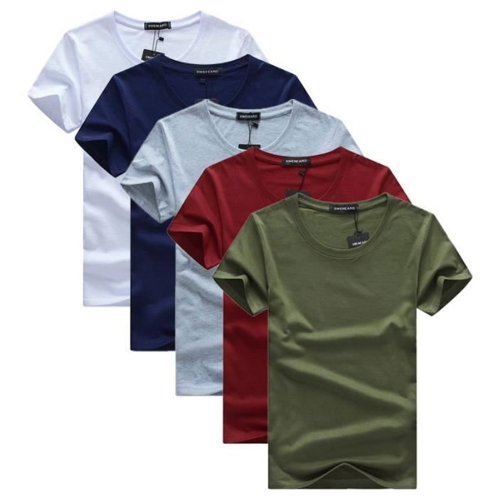 5er-Pack Herren-T-Shirts mit kurzen Ärmeln und Rundhalsausschnitt, gerader Schnitt, Unifarben – Weiß/Blau/Grau/Burgunderrot/Grün