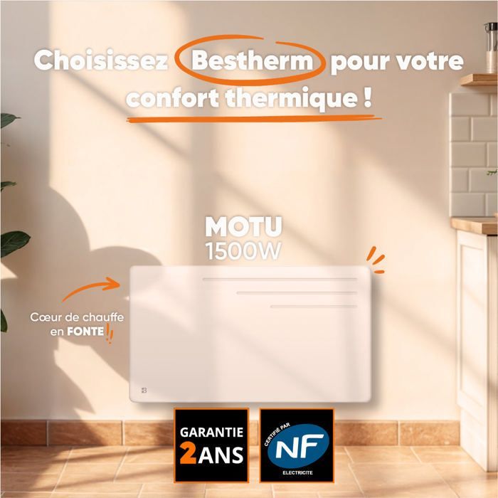 BESTHERM MOTU 1500W Cast Iron Dry Inertia Fixed Electric Radiator - Horizontal, White - NF