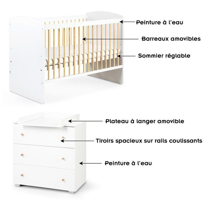 KAROLINA II Baby Cot Set 120x60 and 3-Drawer Changing Table White / Pine