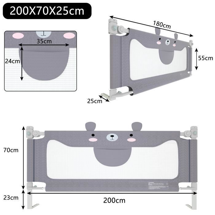 HENGMEI - Barrière de lit Réglable en hauteur 200 cm Protection anti-chute Pour bébé et enfant
