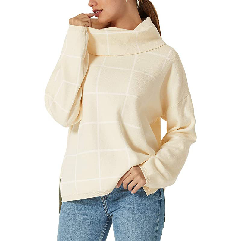 Pulls d'automne pour femmes, pull col roulé en maille à manches longues, pull à carreaux fendu sur le côté, coupe ample