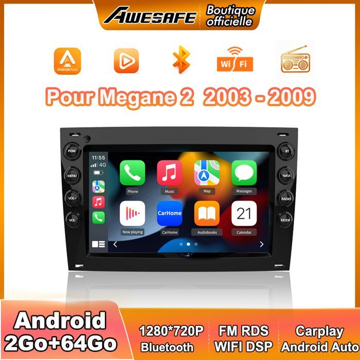 Autoradio AWESAFE Android 13 2GB+64GB per Megane 2, schermo da 7 pollici, CarPlay, Android Auto, Bluetooth, WiFi, RDS, GPS, FM