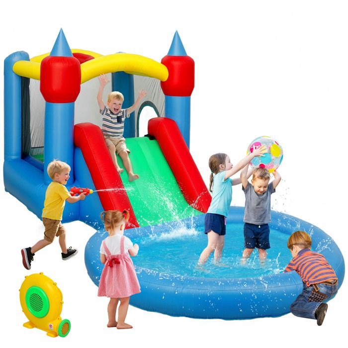 Château gonflable 4 en 1 - AIYAPLAY - toboggan, panier de basket, piscine à balles - souffleur 370W - 415 x 205 x 190 cm