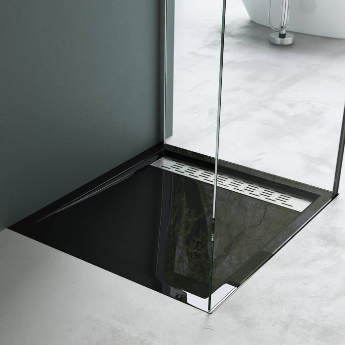 Receveur de Douche Plat Mai & Mai XE4 en Acrylique Noir Rectangulaire avec Barreaudage en Inox et Bonde A1