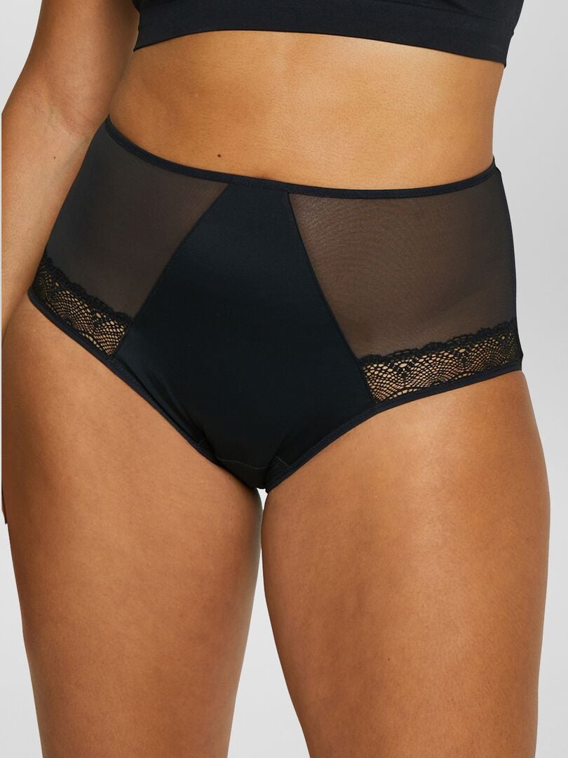 'Sans Complexe' Bi-Material High-Waisted Slip - ZWART