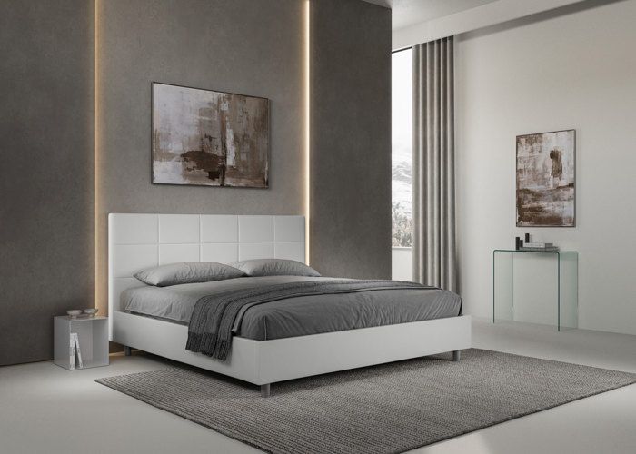 King size bed - Ityhome - Mika - 200x210 cm - White faux leather - Upholstered headboard