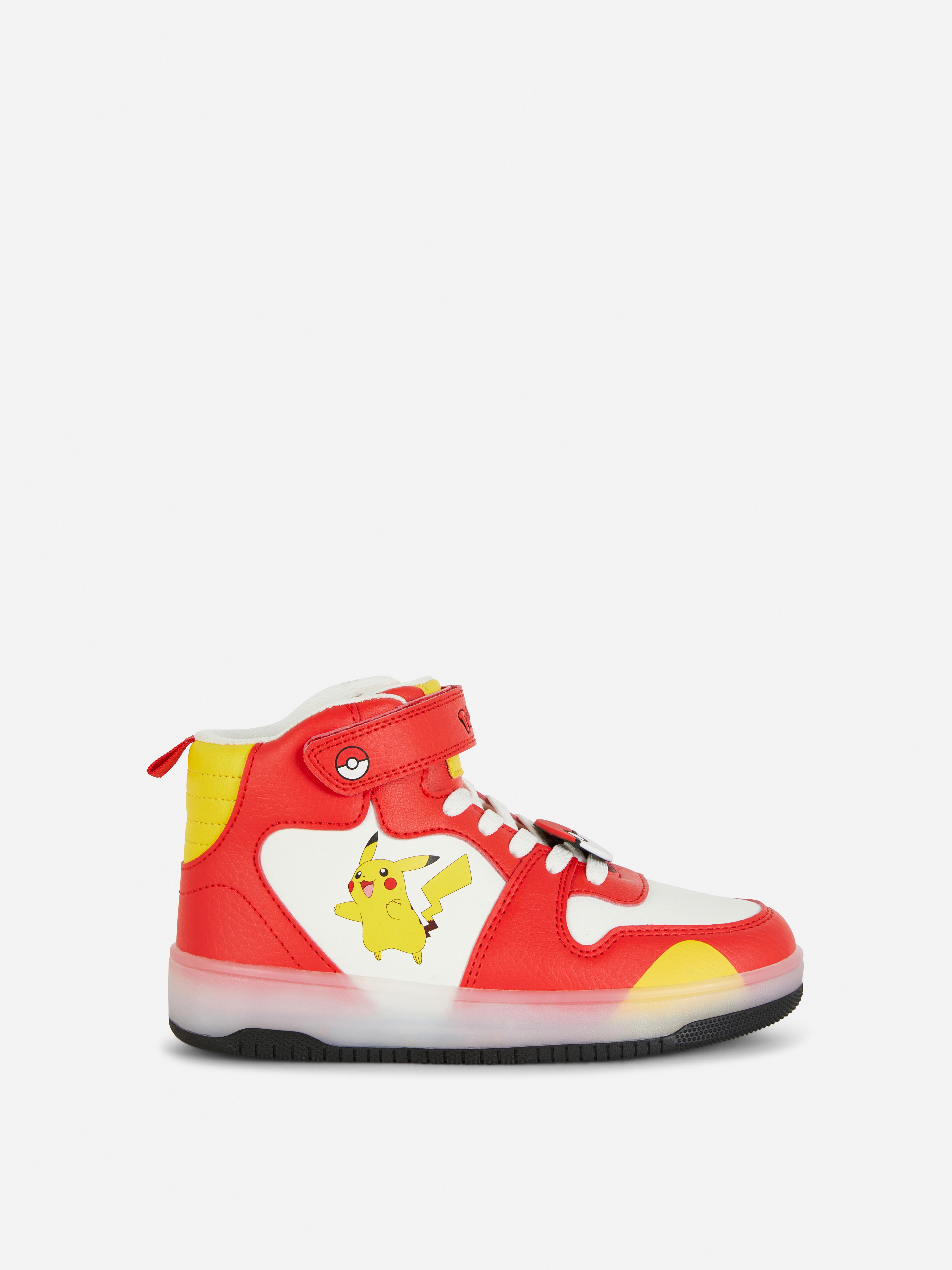 Teniși înalți, luminoși, cu model Pokémon Pikachu, cu velcro, șireturi fixe, bucle pentru călcâi și talpă luminoasă