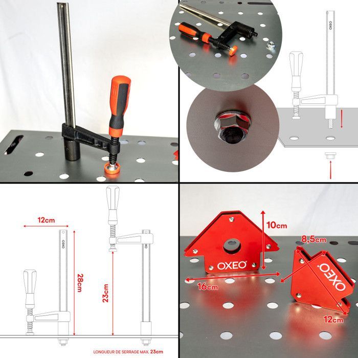 Mesa de soldadura rodante - Superficie perforada de 91x46 cm - 2 abrazaderas, 2 imanes - Capacidad de carga de la mesa de soldadura: 300 kg