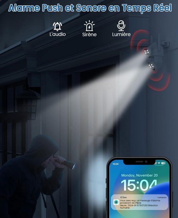 FOSMET Caméra Surveillance WiFi, 2K Double Objectif, Vision Nocturne Couleur, Audio Bidirectionnel, Suivi Intelligent, Étanche IP66