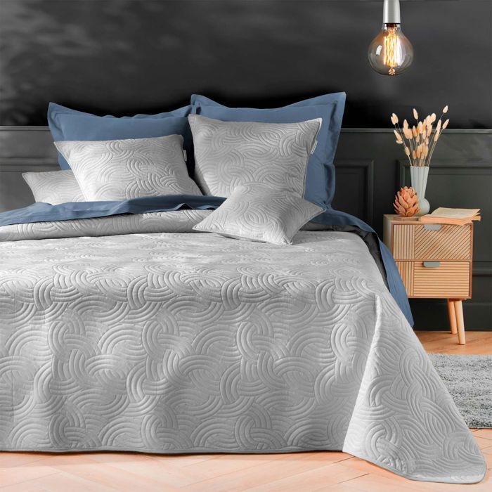 Couvre lit 220x240 cm + 2 Housses de coussin - Velours - Relief graphique - Gris