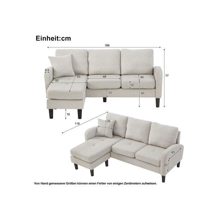 Canapé d'angle en forme de L avec fauteuil - canapé 3 places, 166 x 118 x 77 cm, linge de coton respirant