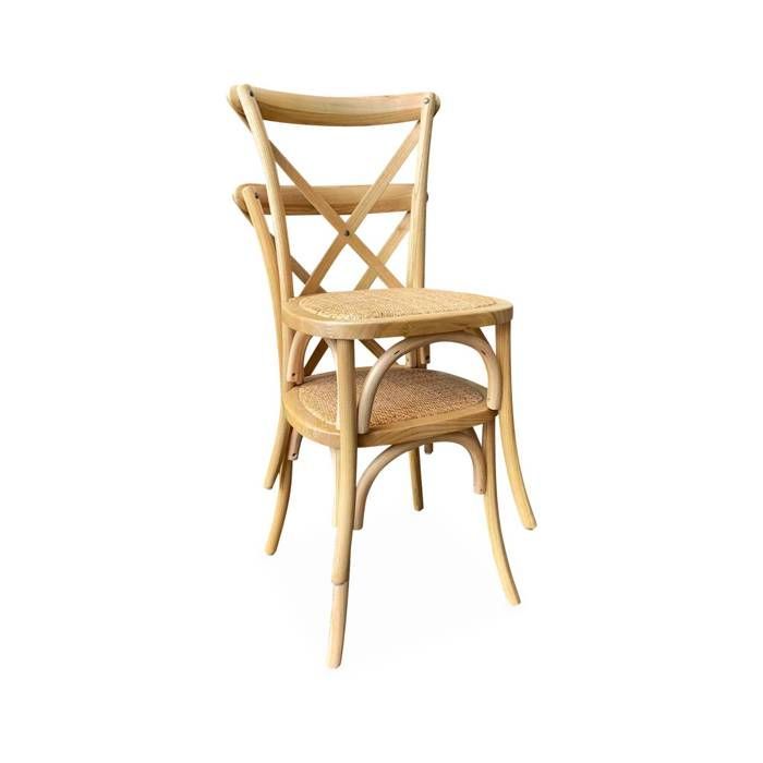 Set of 4 vintage bistro chairs in natural cedar wood. Rattan seat. Stackable.