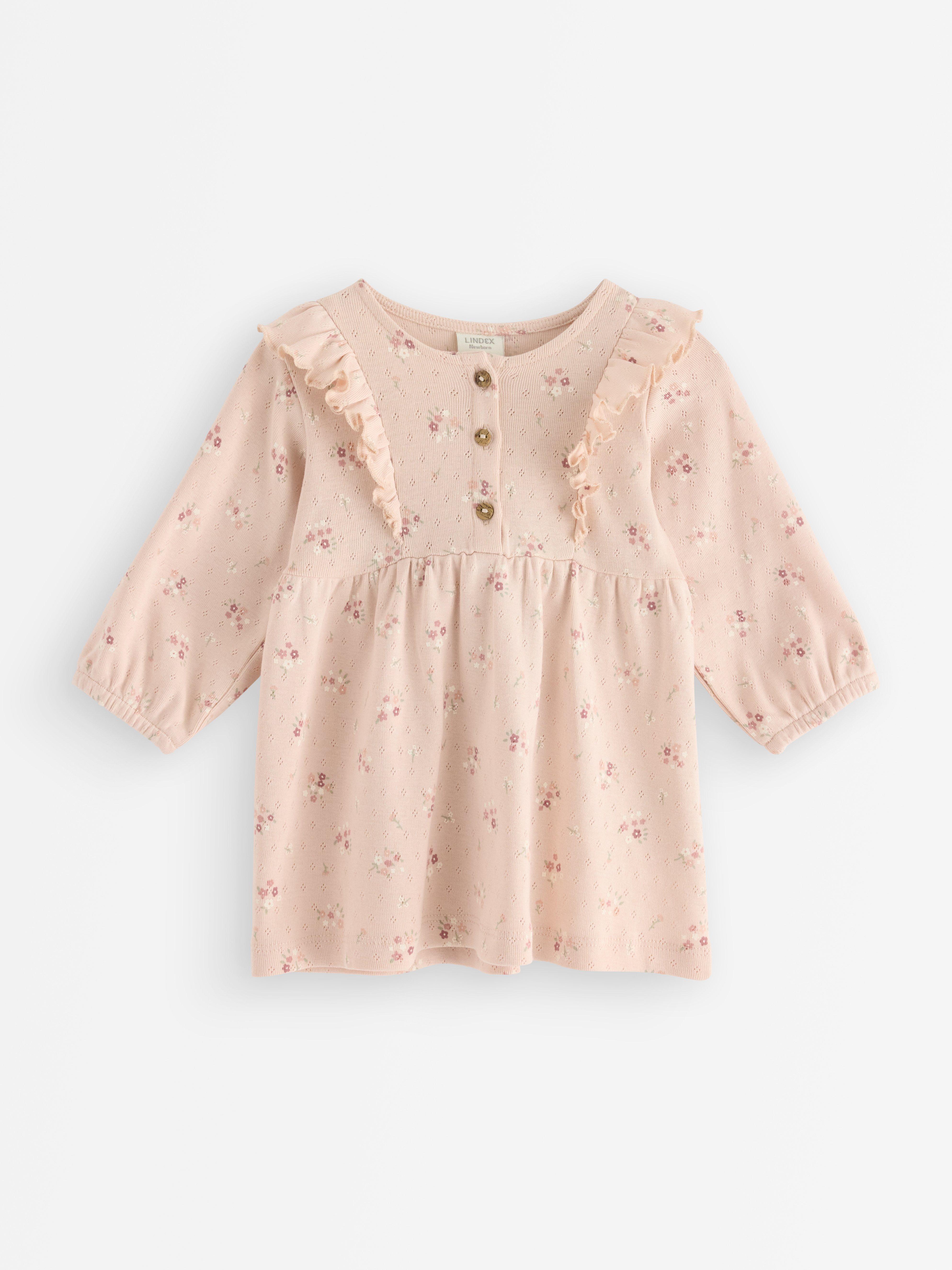 Vestido de malha canelada de mangas compridas rosa claro