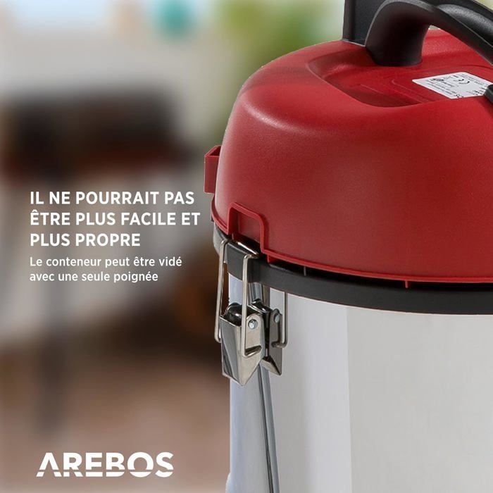 AREBOS Aspirateur Industriel | Aspirateur Sec et Humide avec Filtre | 1800W | 30L | Acier Inoxydable | Rouge