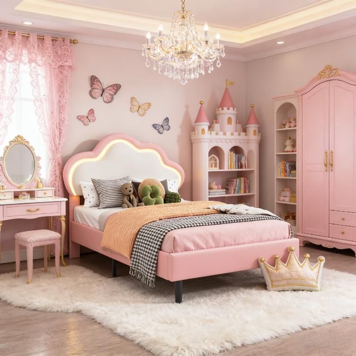 Lit pour enfant 90x200 cm, Lit capitonné avec LED, Cadre de lit pour fille, lit princesse avec sommier à lattes, pu, rose