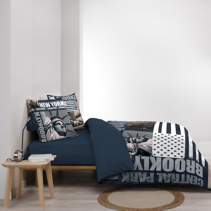 Housse de couette 240x220 cm 100% coton 42 fils Brooklyn bleu + 2 taies 63x63 - Douceur d'Intérieur