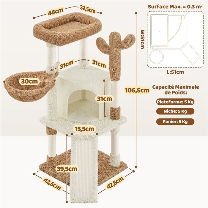 Yaheetech Arbre à Chat Design Cactus en Peluche avec Poteaux en Sisal Plateformes Niche Panier Perchoir Beige et Marron