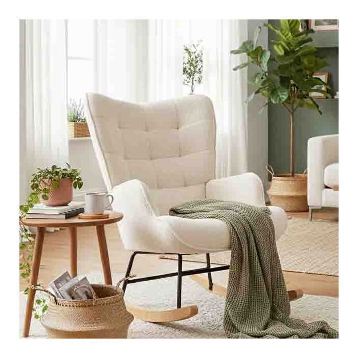 Rocking Chair 68x75x92cm - High Ergonomic Backrest - Wood and Metal Legs - Scandinavian Style - Beige Bouclé Fabric