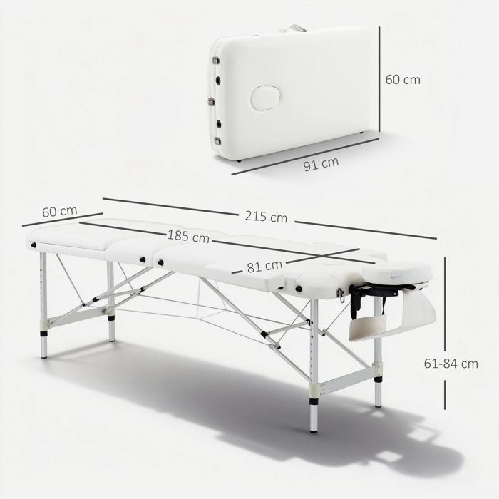 Table de massage - HOMCOM - pliante cosmétique lit portable charge 225 kg réglable - aluminium - blanc