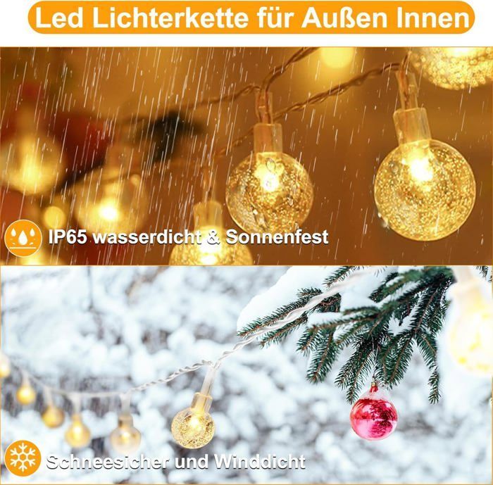 Guirlande lumineuse d'extérieur à piles, 6,5 m, 40 LED, 8 modes, étanche IP67, télécommande