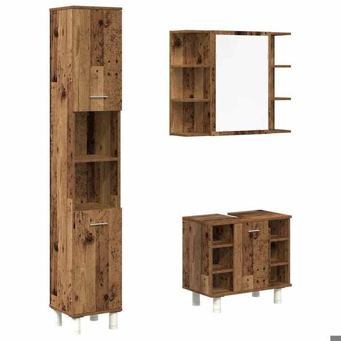 Badezimmermöbel-Set KALISSE – 3-teilig – Holzwerkstoff – Altholz – 80 x 20,5 x 64 cm – 30 x 30 x 179 cm