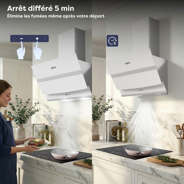 Campana extractora angular CIARRA de 60 cm, A+++, 650 m³/h, WiFi, 4 velocidades, control táctil, 58 dB – Recirculación o extracción + parada retardada - Blanca
