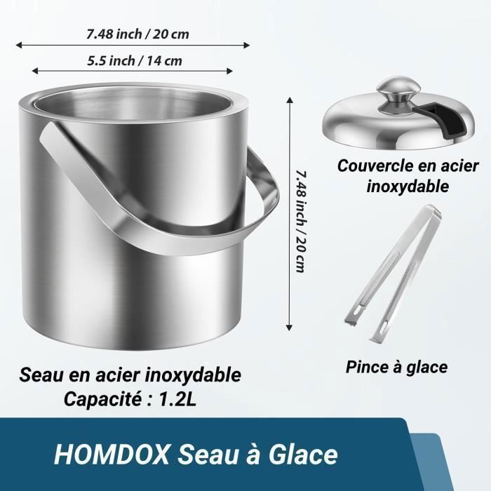 Seau à glaçon Seau à Champagne Double Paroi 1.2L rafraîchisseur de bouteille, Seau à glace en acier inoxydable avec Pince&Couvercle