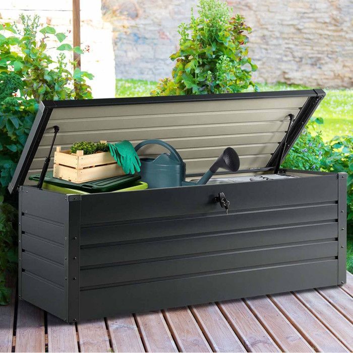 IDMARKET Afsluitbare metalen opbergbox, antracietgrijs, voor de tuin, 600 liter, 165x70x63 cm