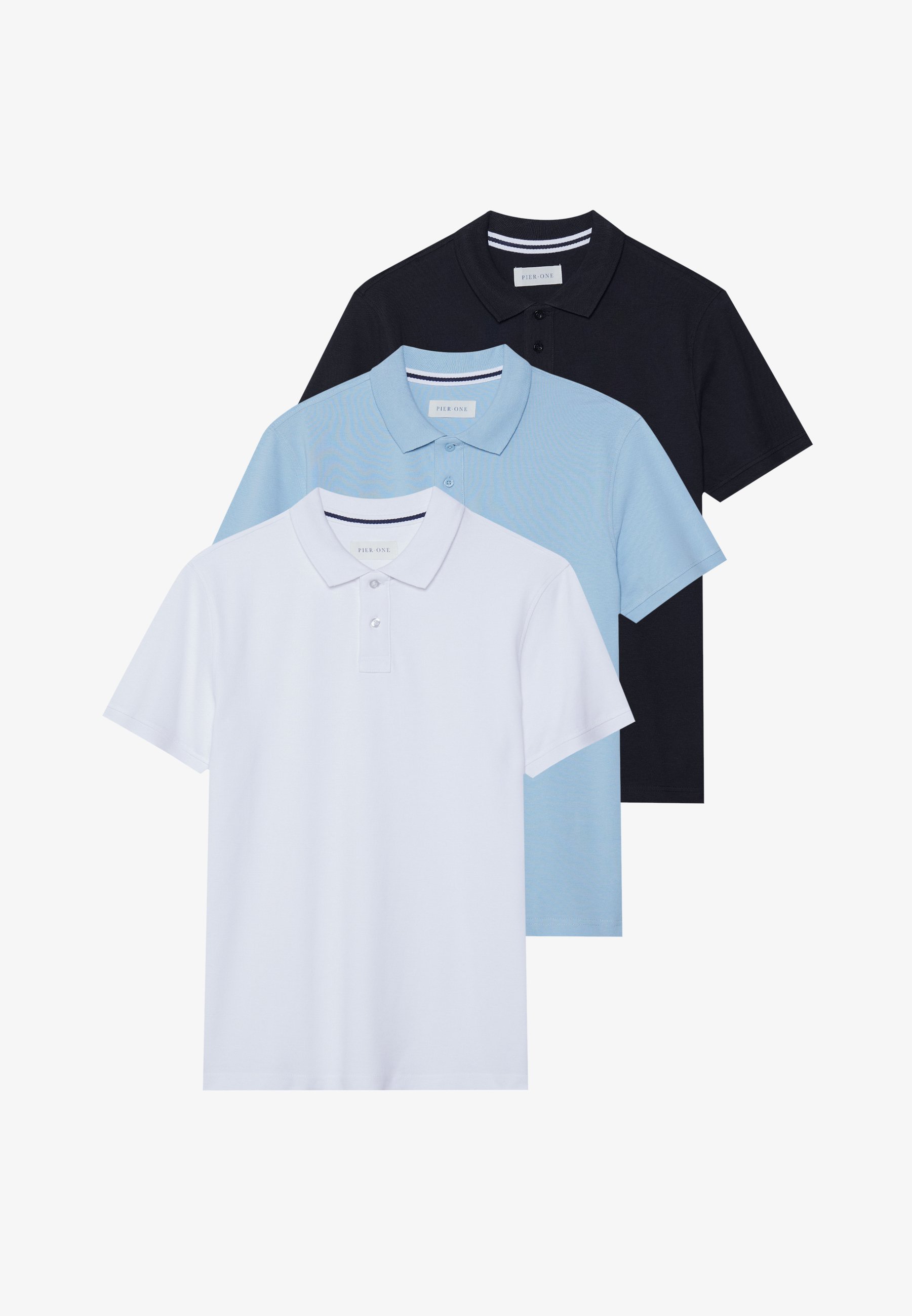 Pier One 3-pack Slim - Poloshirt - wit/gevlekt lichtblauw/zwart