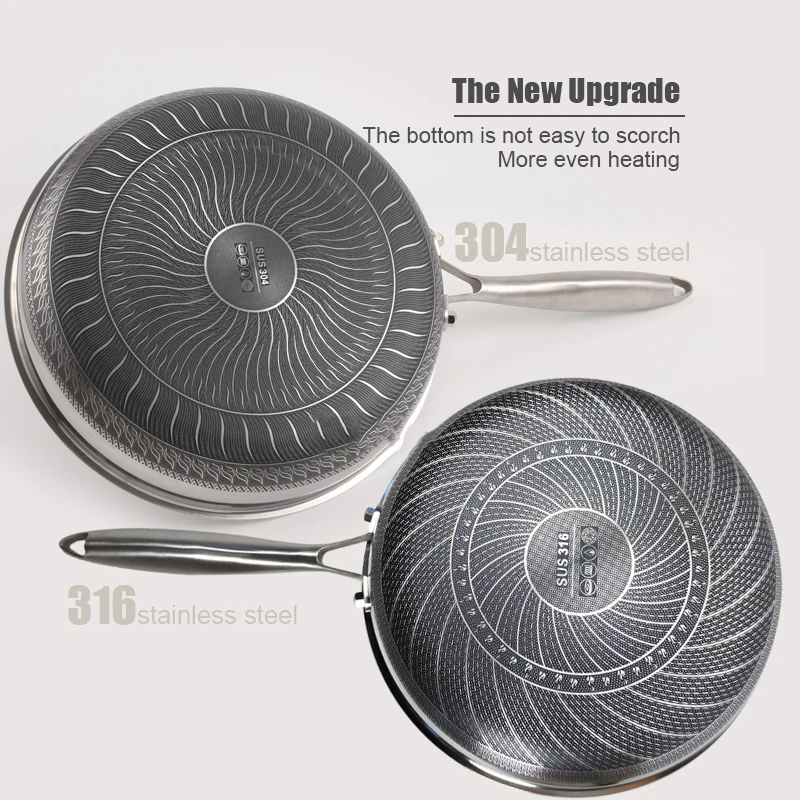 Wok en acier inoxydable 316, poêle à frire alvéolée, poêle à steak à fond plat antiadhésive, compatible avec les plaques à induction, ustensiles de cuisine universels