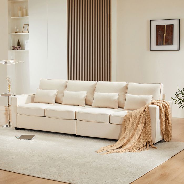 Four-seater straight sofa with armrest pockets and four cushions for the living room, apartment, or office. Beige linen fabric.
