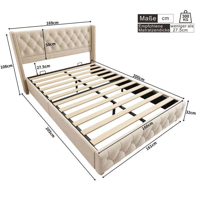 Lit adulte double - TKOPY - Lit rembourré 160x200 cm, avec sommier à lattes, Velours beige clair
