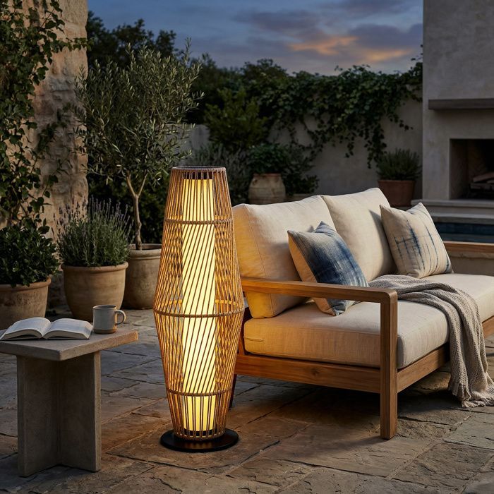 Lanterna solare da esterno - lampada da terra a LED per esterni - Outsunny - sensore di luce - resina intrecciata - 26x26x68cm - sabbia