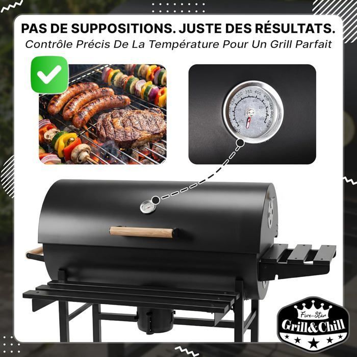 Five-Star Grill & Chill Barbecue charbon de bois - barbecue de jardin, barbecue charbon grande grille chromée 71×35 cm, GC0002