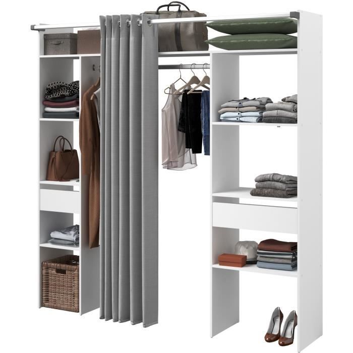 Dressing double ARTIC - L 198 x P 40 x H 203 cm - Blanc + rideau Made in France