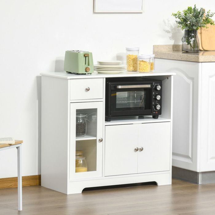 Mueble para microondas - HOMCOM - aparador de cocina, armario de almacenamiento de vidrio templado y madera - madera - 90x40x82cm - blanco