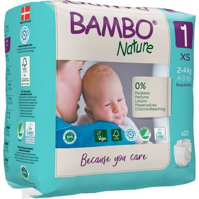 Bambo Nature Gutter & Jenter 0 % Parfyme Miljøvennlige Babybleier Størrelse 1 2–4 kg 22 enheter
