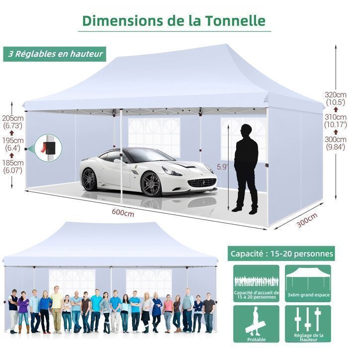 Cenador plegable de 3x6 m, carpa de jardín impermeable para exteriores, carpa para fiestas con 6 paneles laterales, protección UV 50+, color blanco.