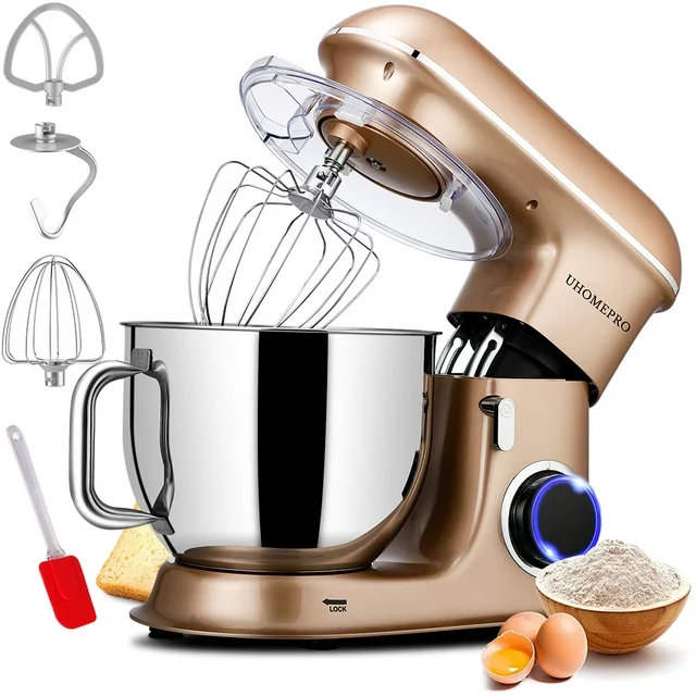 Batedeira de pedestal uhomepro de 7,5 QT para cozinha, 6 velocidades + 0 + P, cabeça inclinável, 660 W, batedeira elétrica para massa, uso doméstico e comercial, com gancho para massa, batedor, batedor de ovos, espátula, própria para lava-louças.